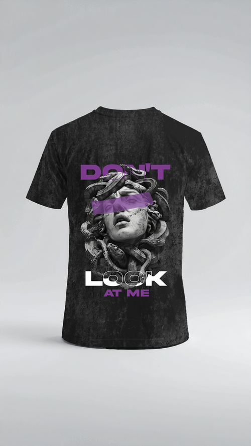 Camiseta Medusa "Don't Look at Me" – Black Acid Wash